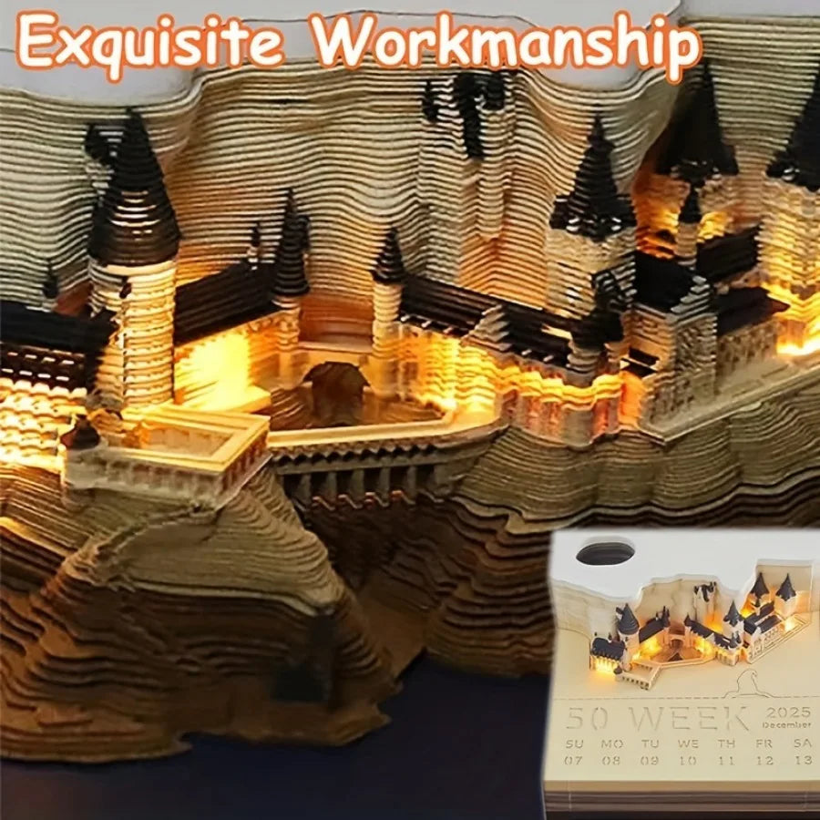 3D Castle Paper Sculpture Desk Calendar Meopad Magic Castle Memo Pad Tear-Away Notepad DIY Craft Gifts for Home Office School