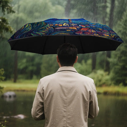 1pc Starry Night Glow Print Umbrella - Van Gogh-Inspired Automatic Open/Close Compact Folding Umbrella with 8-Rib Durable Fram