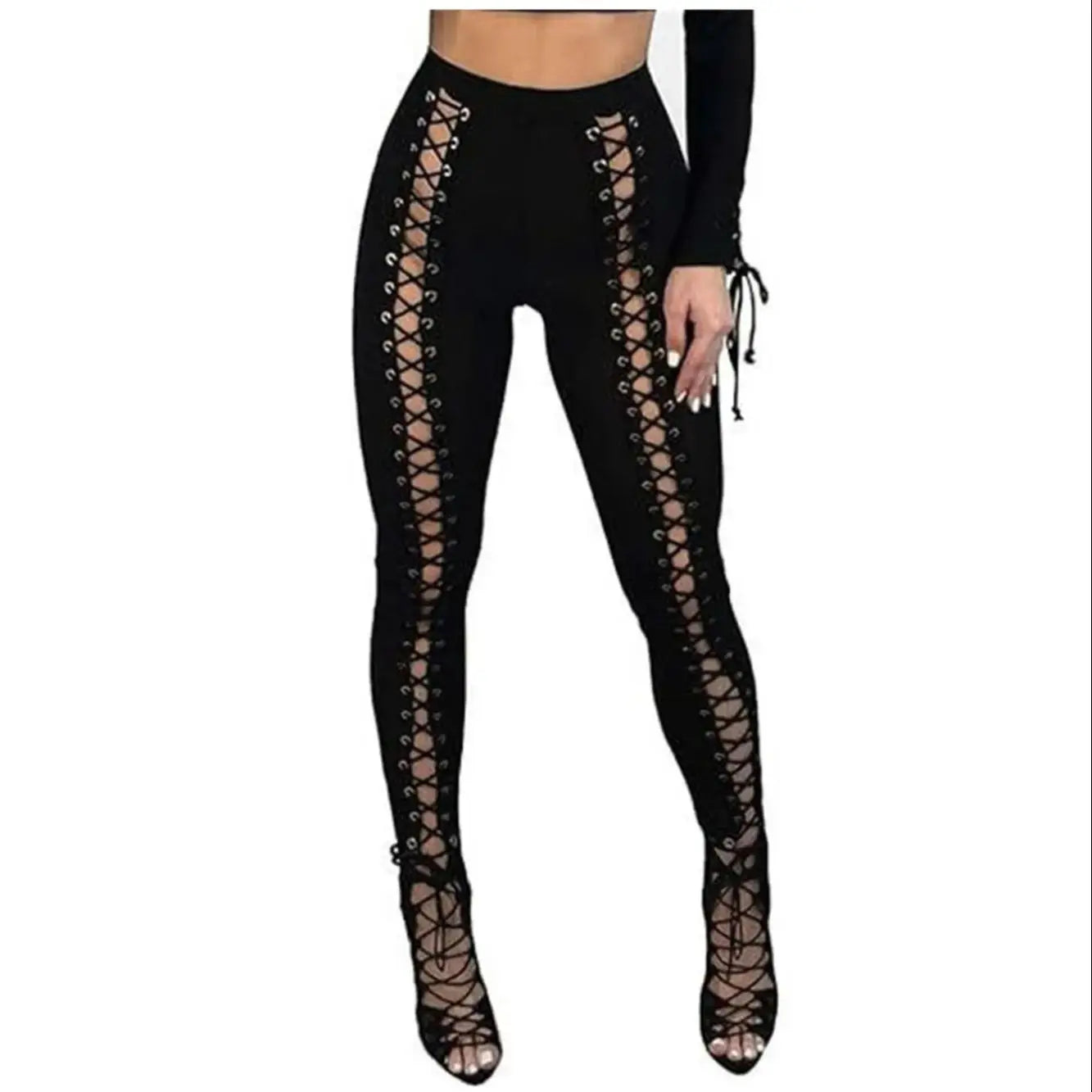 Women Lace Up Pants Chic Punk Skinny Legging Pants Slimming Trousers Gym Hole and Bandge