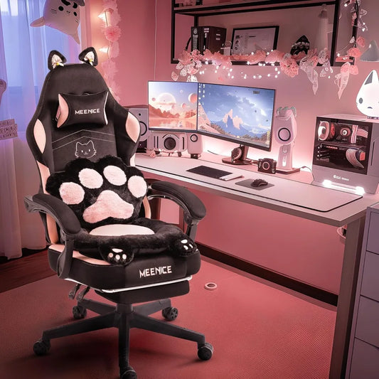 Cute Pink Gaming Chair with Cat Ears/Paw Lumbar/Cushion - Ergonomic Reclining PC Chair with Footrest (300lbs, Girls/Adults)