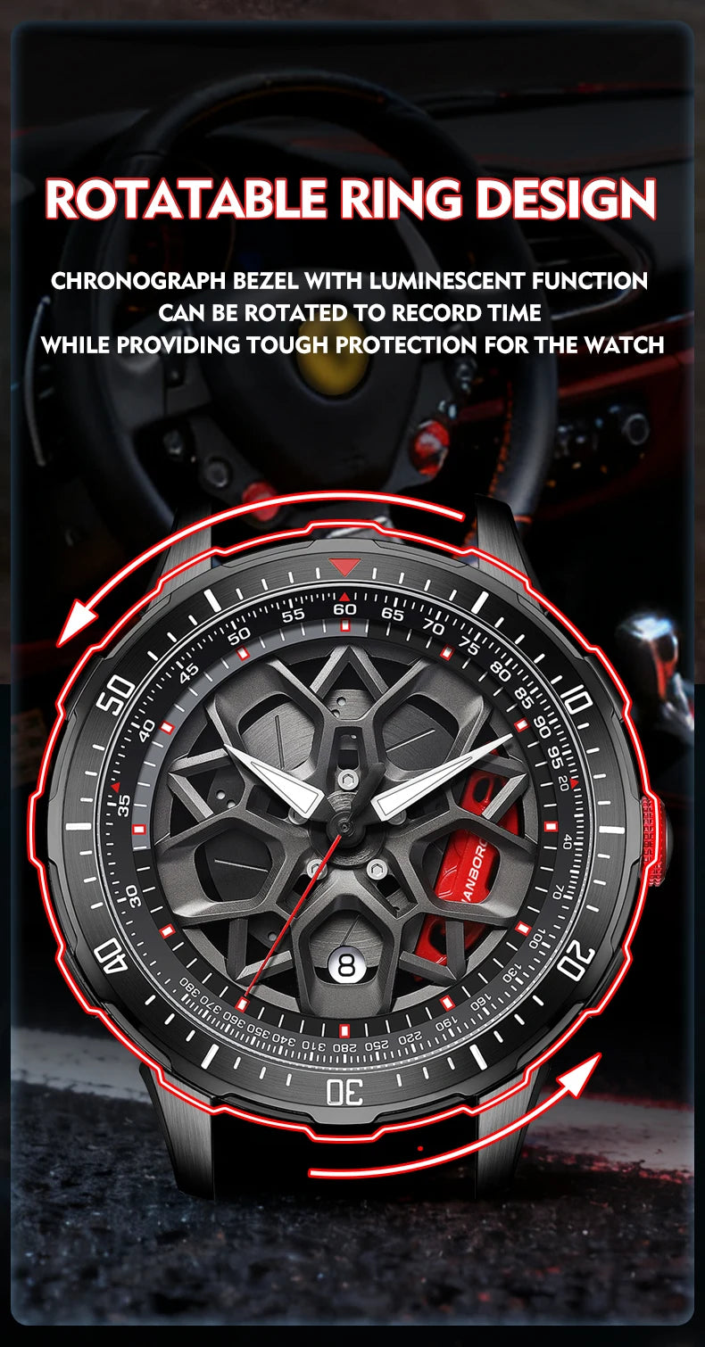 HANBORO supercar series men's fully automatic mechanical watch with wheels running and dial personalized watch