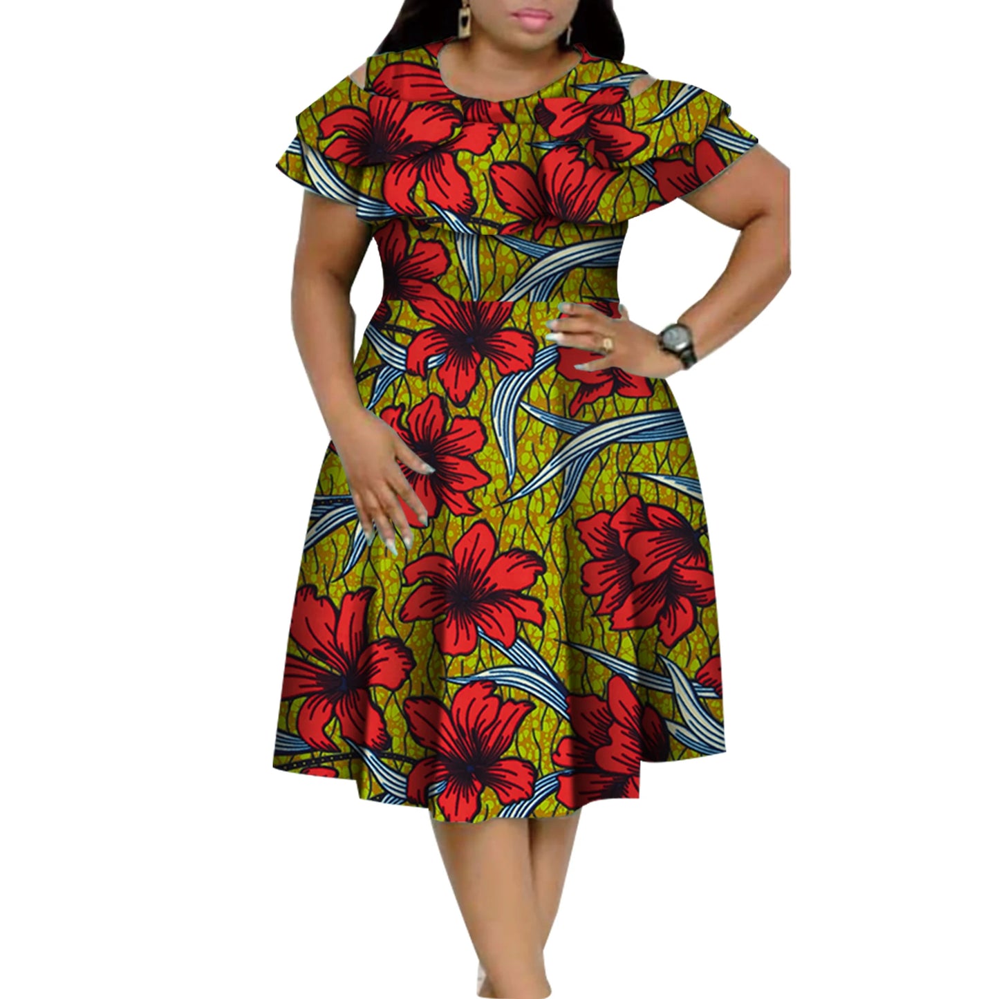New Bazin Riche African Ruffles Collar Dresses for Women Dashiki Print Pearls Dresses Vestidos Women African Clothing WY4401