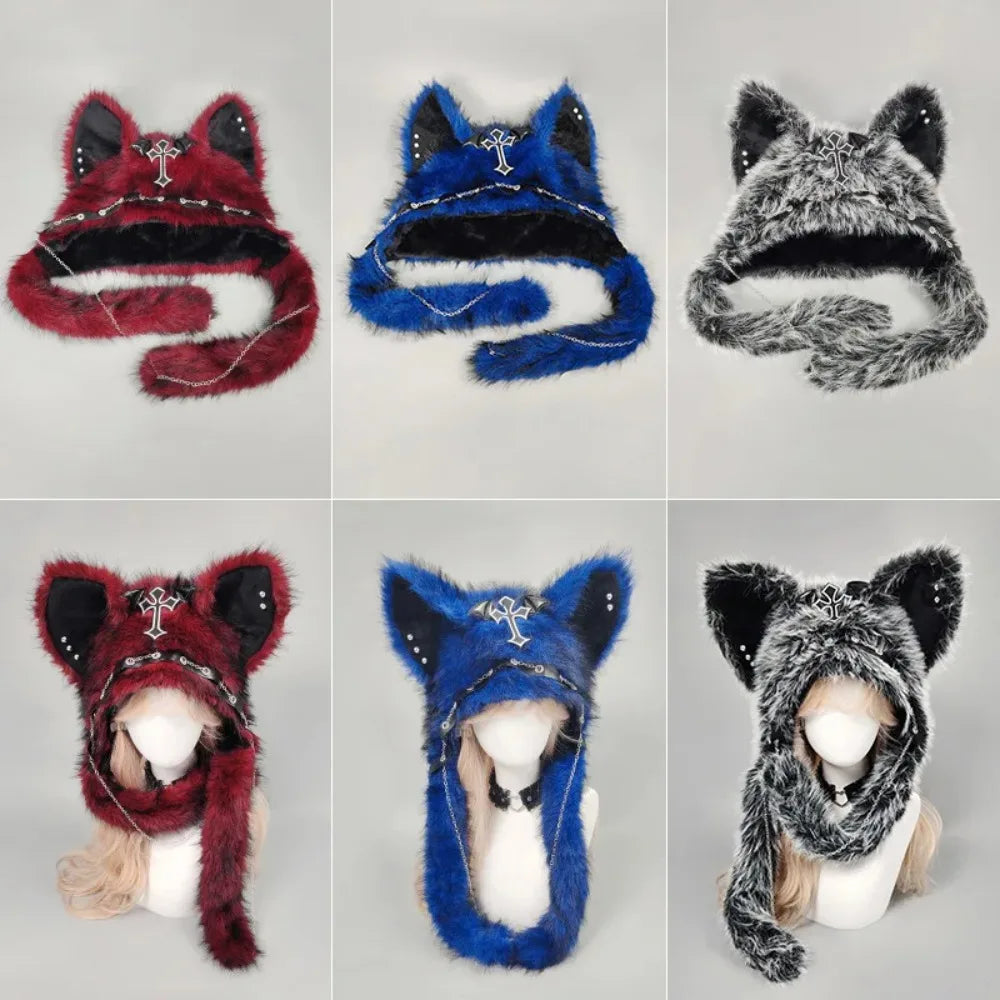 Dark Series Gothic Plush Hat Y2K Cross Metal Style Headwear Cosplay Cat Ear Hat Halloween Punk Rock Warm Cap for Women Men Child