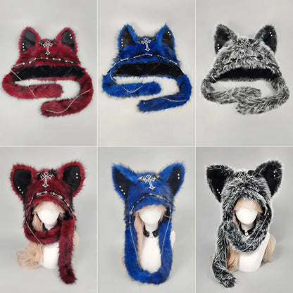 Dark Series Gothic Plush Hat Y2K Cross Metal Style Headwear Cosplay Cat Ear Hat Halloween Punk Rock Warm Cap for Women Men Child