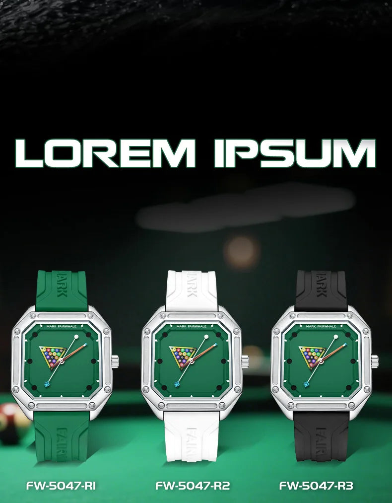 Mark Fairwhale 5047 Men Quartz Watch Square Case Luminous Billiards Dial Wristwatch Rubber Strap Watches for Men