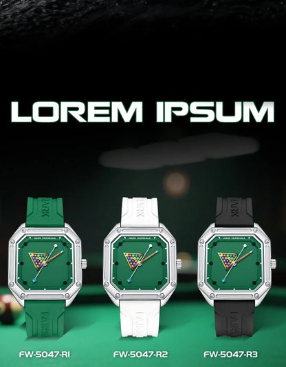 Mark Fairwhale 5047 Men Quartz Watch Square Case Luminous Billiards Dial Wristwatch Rubber Strap Watches for Men
