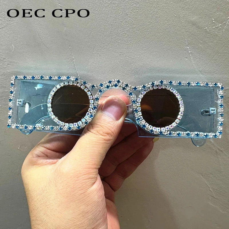 Unique Hand Diamond Square Women Sunglasses Luxury Rhinestone Small Round Lens Shades Female New Wide Legs Sun Glasses Men UV400