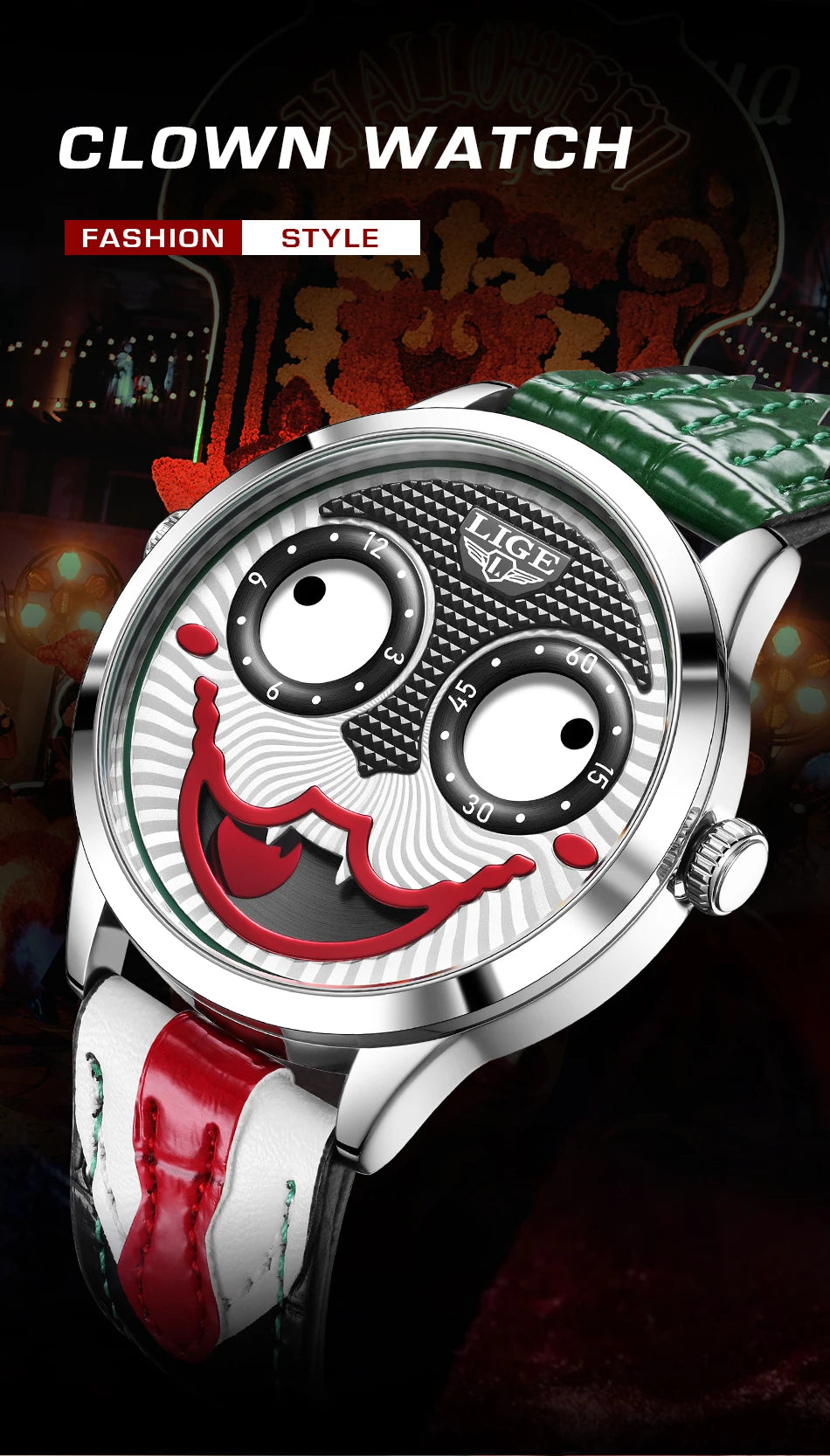 LIGE Creative Joker Watch Men Clown Men's Watches Fashion Leather Strap Waterproof Quartz Wristwatches Moon Phase Clock+BOX