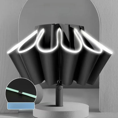 Large Windproof Reflective Striped Reverse Automatic Umbrella for Men and Women, 20Rib Umbrella, Sun Rain Luxury Business Car Tr