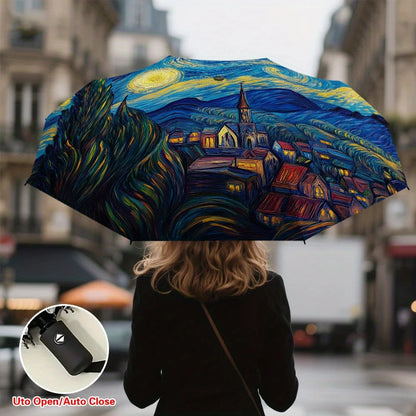 1pc Starry Night Glow Print Umbrella - Van Gogh-Inspired Automatic Open/Close Compact Folding Umbrella with 8-Rib Durable Fram