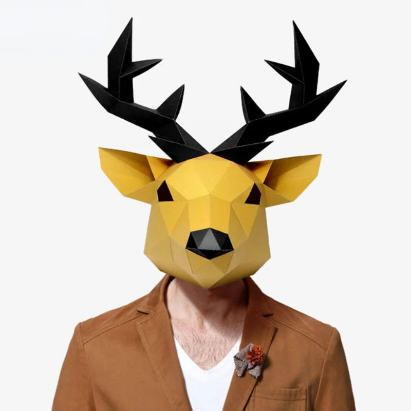 3D Paper Mold Elk Deer Head Mask Headgear Animal Model Halloween Cosplay Props Woman Men Party Role Play DIY Craft Masks