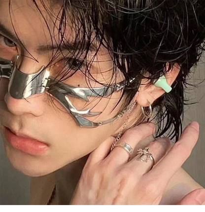 Cyberpunk Metal Mask Niche Design Irregular Fluid Mechanical Wind Earrings Lip Rings Adjustable Face Accessories for Men