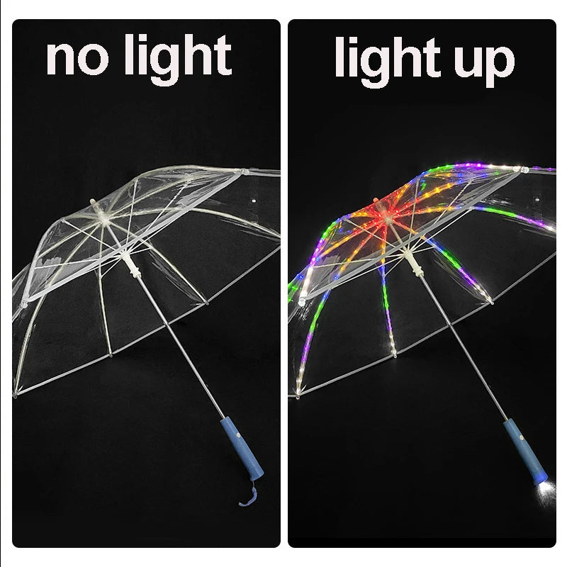 Romantic Gift Colorful Led Light Umbrella With Flashlight Creative Long Handle Transparent Straight Handle Flashlight Umbrella