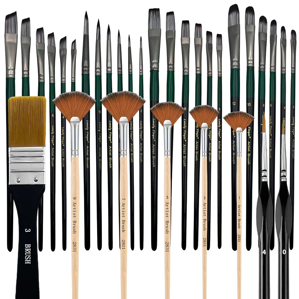 32pcs Paint Brush Set, Artist Series, Nylon Bristles with Round, Filbert, Flat, Fan, Angle, Detail Brush, Suitable for Painting