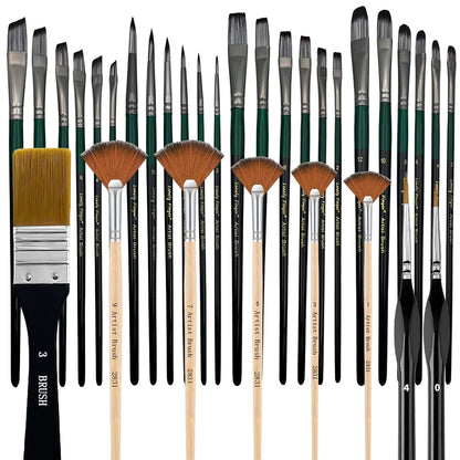 32pcs Paint Brush Set, Artist Series, Nylon Bristles with Round, Filbert, Flat, Fan, Angle, Detail Brush, Suitable for Painting