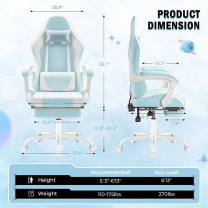 Ergonomic Swivel Gaming Chair with Lumbar Massage, Adjustable Height, and Ottoman (Light Blue)