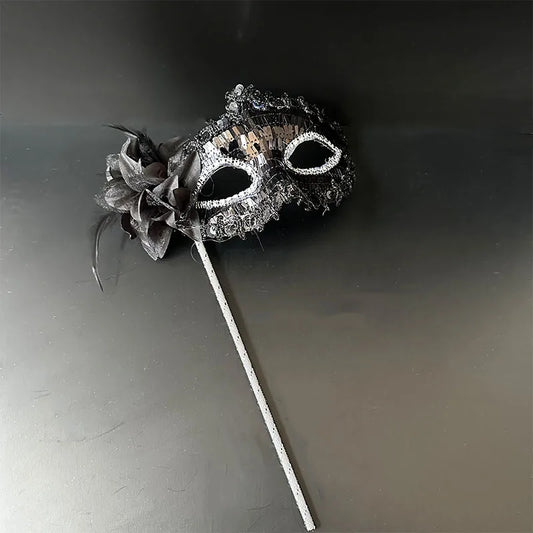 Venetian Princess Handheld Sequin Mask Women Side Flower Feather Face Cover with Holding Stick Mardi Gras Party Masquerade Mask