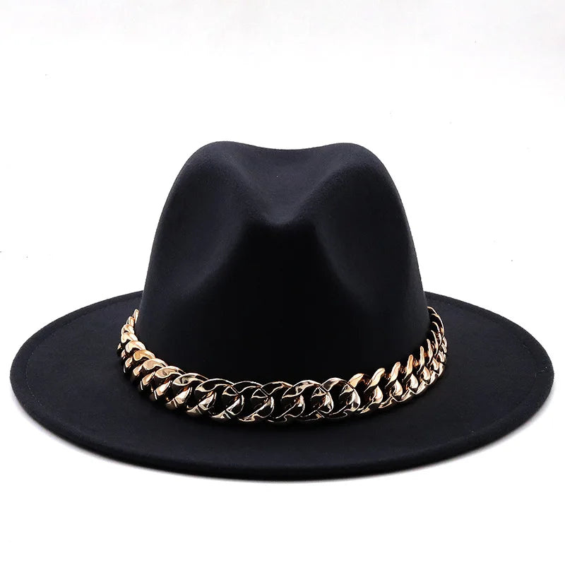 women fedoras golden chain fedora hat women men wide brim solid color jazz top hat autumn winter new Panama hat gentleman hat