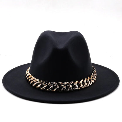women fedoras golden chain fedora hat women men wide brim solid color jazz top hat autumn winter new Panama hat gentleman hat