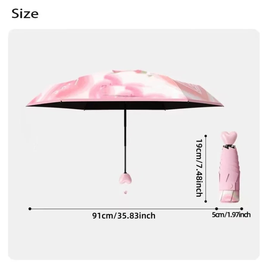 Mini Foldable Fruit Pattern Umbrella UV Resistant Heart-Shaped Handle Sunshade Rain Umbrella for Women
