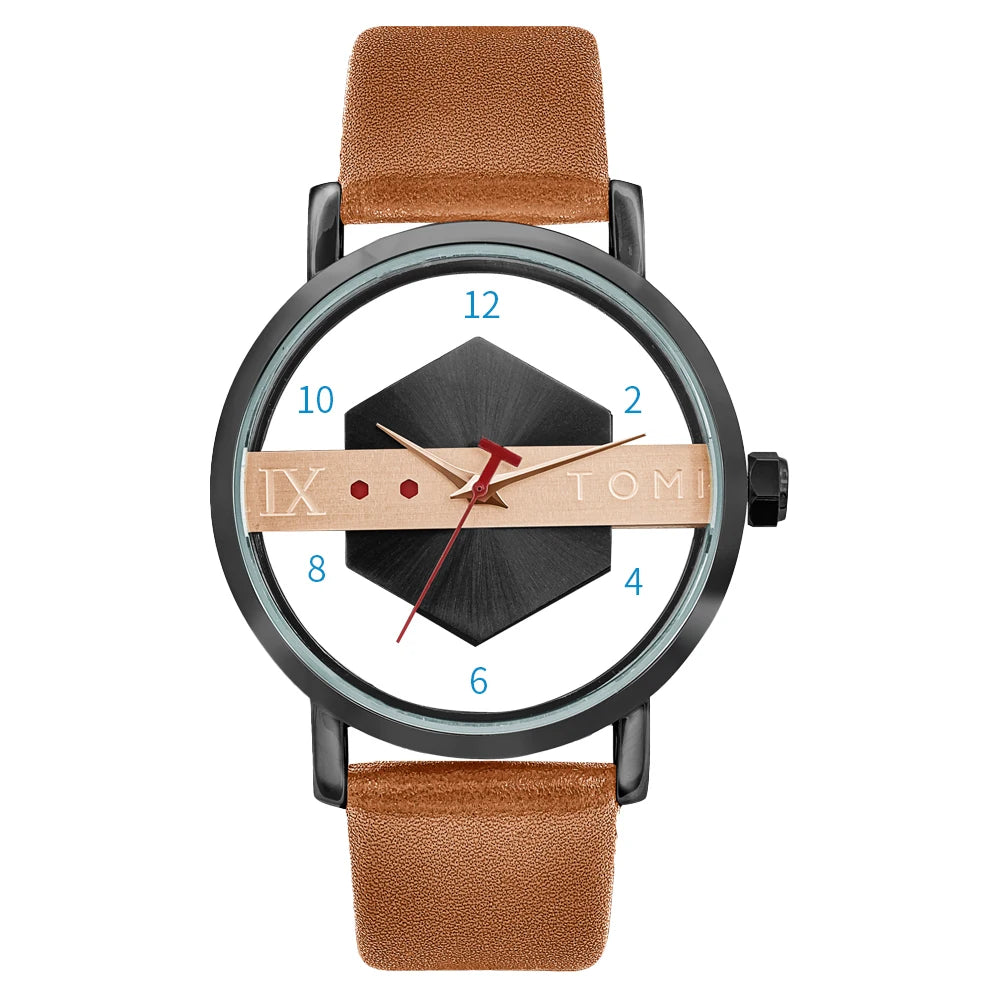 TOMI Fashionable and Minimalist Men's Leather Watch Strap Personalized Hollow Perspective Glass Bottom Cover Quartz Watch