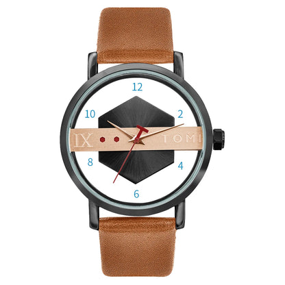 TOMI Fashionable and Minimalist Men's Leather Watch Strap Personalized Hollow Perspective Glass Bottom Cover Quartz Watch