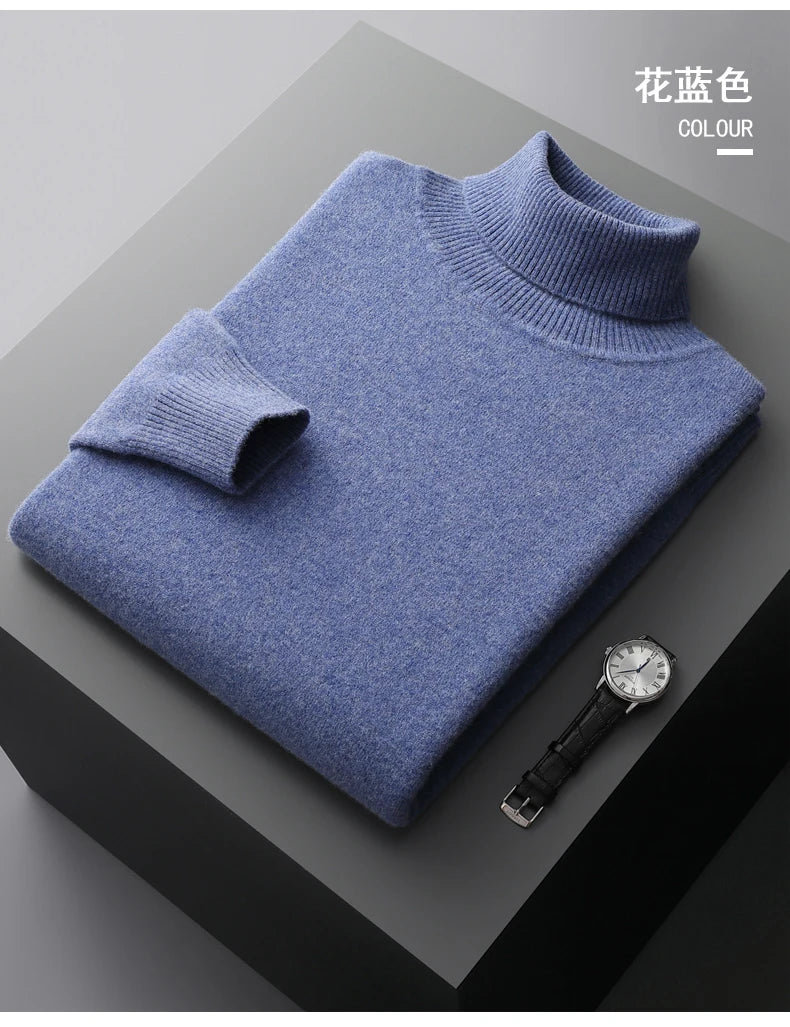 Autumn and winter new 100% pure merino wool pullover men's turtleneck cashmere sweater thickened warm  loose solid color top