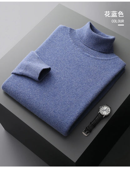 Autumn and winter new 100% pure merino wool pullover men's turtleneck cashmere sweater thickened warm  loose solid color top