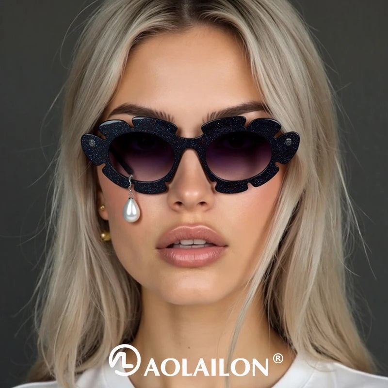 Pearl Diamond  DIY Tear Sunglasses for Women Small Frame Cat Eye Fashion Forward Mermaid Tear Aviator Eyewear