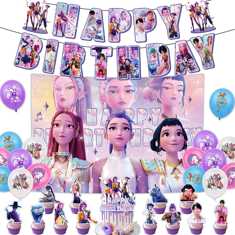 Kpop Birthday Party Decoration Tableware Set Birthday Party Supplies Balloons Cake Topper Hanging Flag Cups K-pop Party Decor