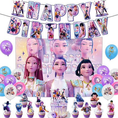 Kpop Birthday Party Decoration Tableware Set Birthday Party Supplies Balloons Cake Topper Hanging Flag Cups K-pop Party Decor