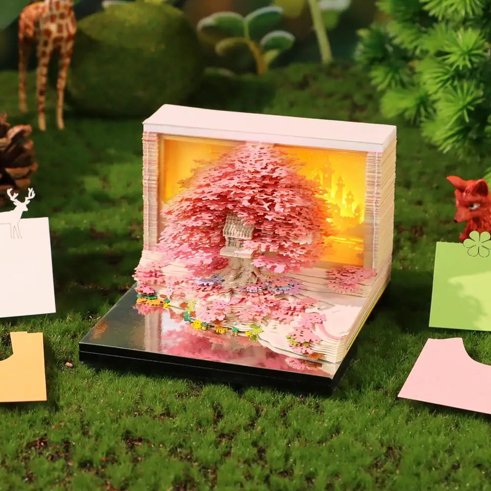 3D Calendar Sticky Notes of Flower Sea and Tree Island 2026 Unique Paper Sculpture Calendar For Desk Decor With Lights Design