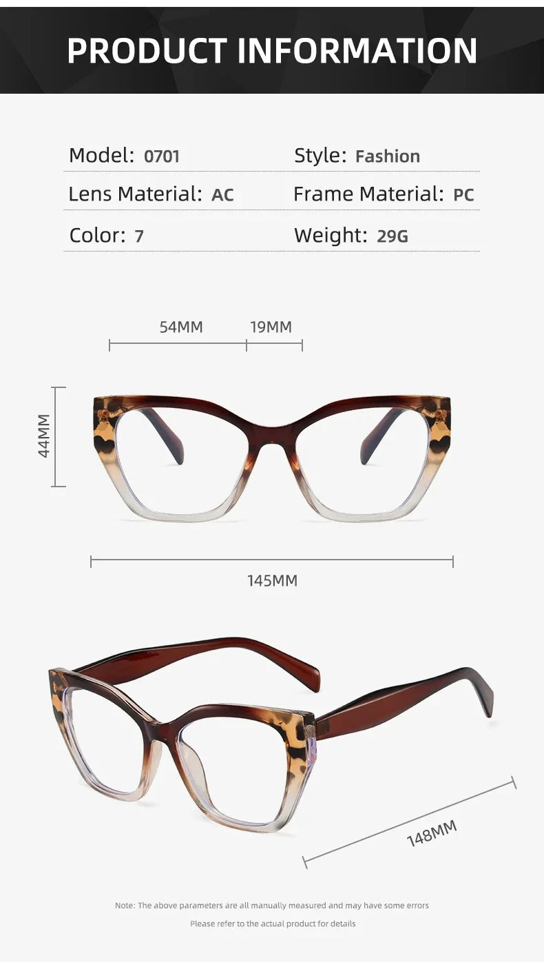 Luxury Brand Designer Women Fashion Cat Eye Anti Blue Light Glasses Double Color Large Frame Lady's Prescription Eyewear Frames