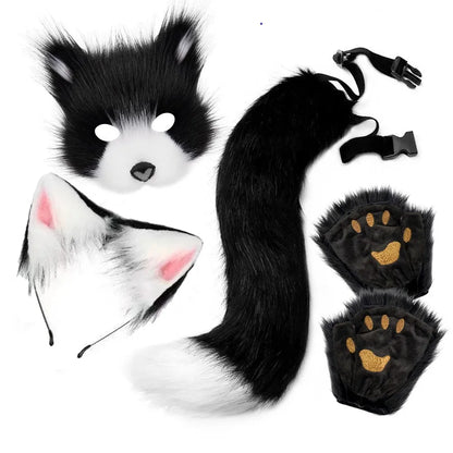 4-piece fur fox costume accessory set - including mask, gloves, headband, tail, with realistic fur and claws, perfect for Hallow