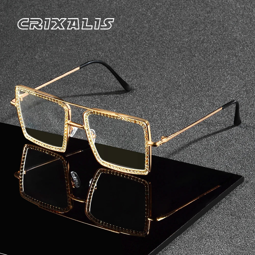 CRIXALIS Casual Square Large Frame Women’s Glasses Decorative Glasses Daily Life Bare-faced Glasses With Drill Design Decorative