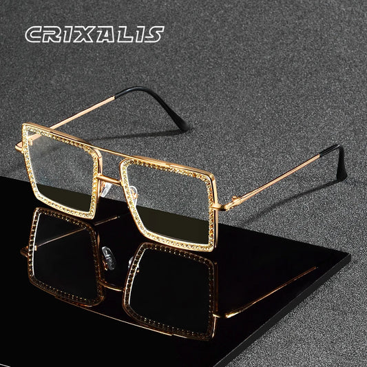 CRIXALIS Casual Square Large Frame Women’s Glasses Decorative Glasses Daily Life Bare-faced Glasses With Drill Design Decorative