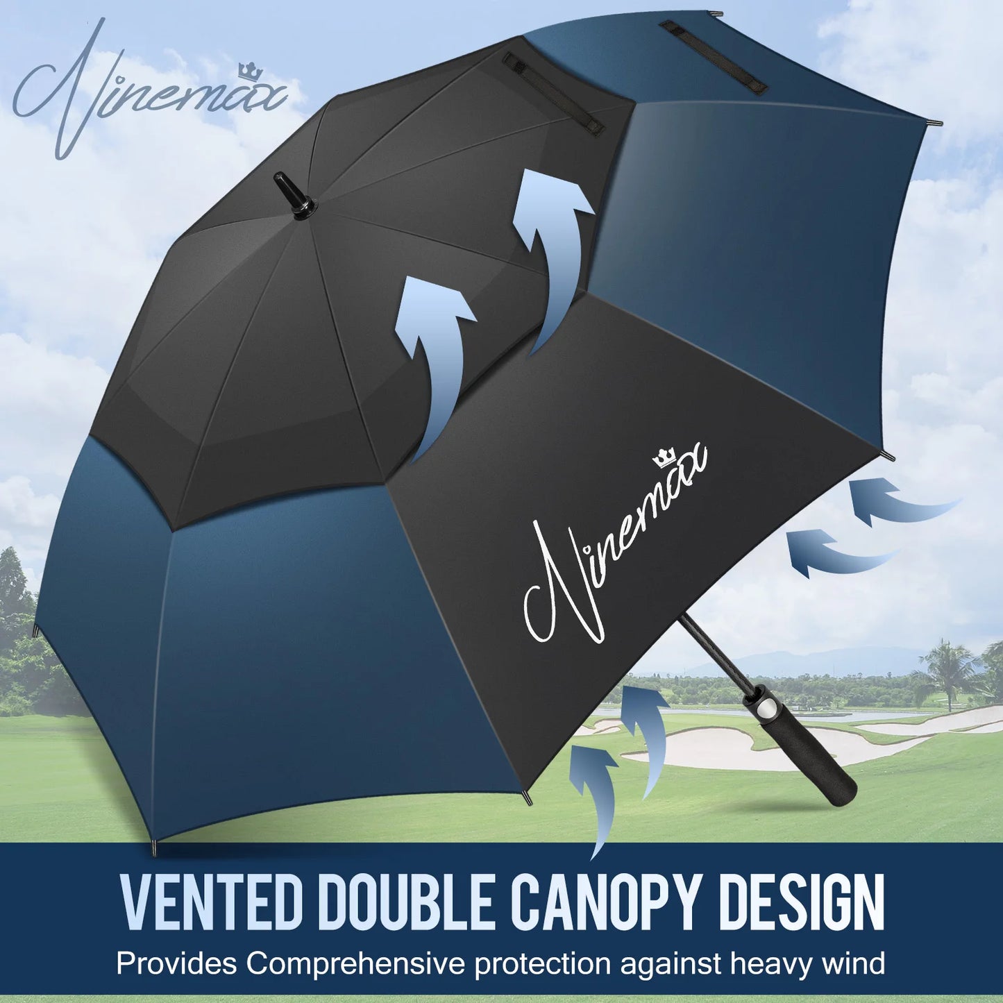 Automatic Open Extra Large Golf Umbrella 157 cm Double Canopy Sun Protection Ultra Rain & Wind Resistant Stick Umbrellas