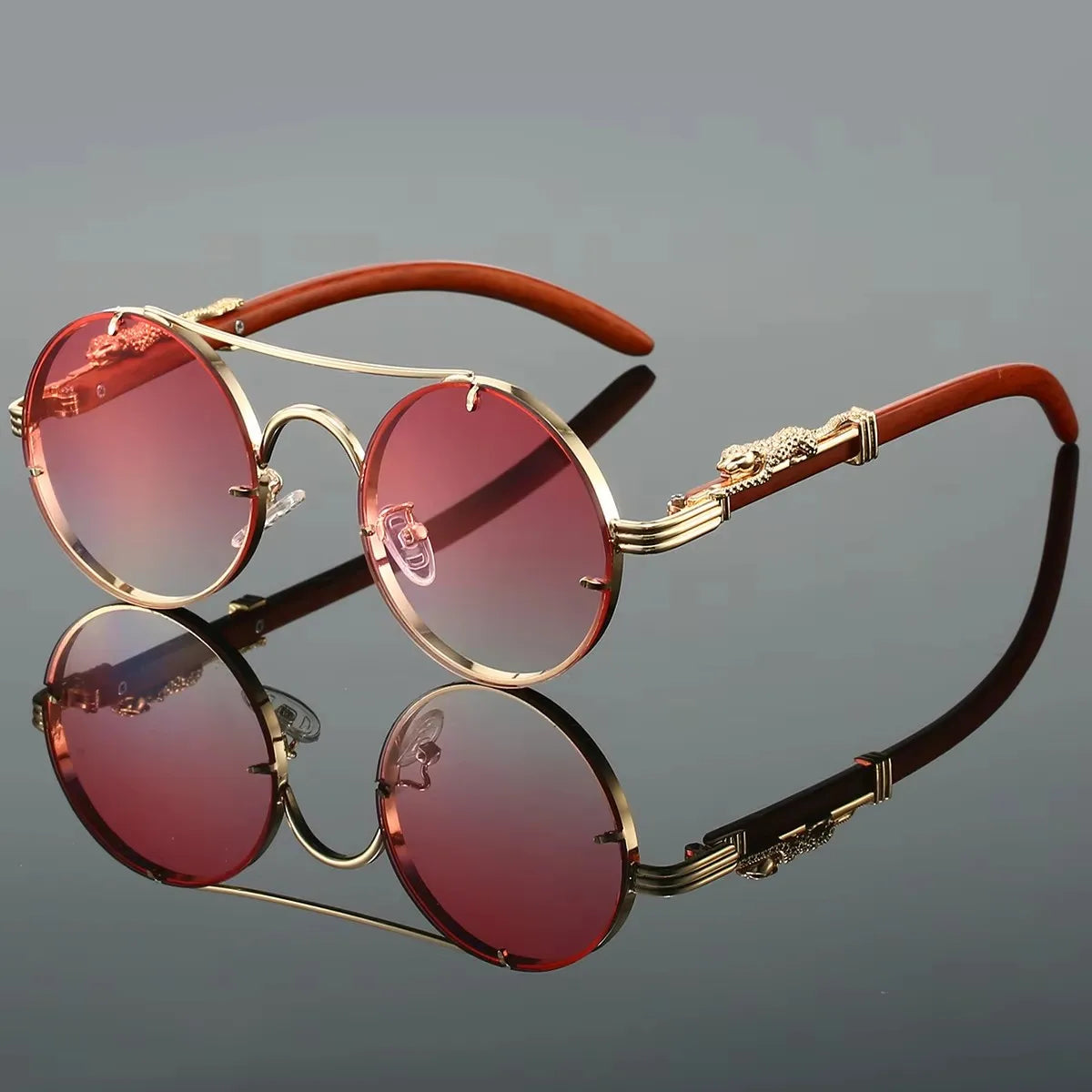 Vintage Round Double Bridge Sunglasses – Gold Frame & Wood Grain Temples with Dragon Carving, UV400 Gradient Lens, Steampunk Sty