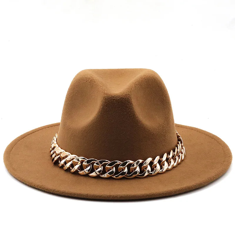 women fedoras golden chain fedora hat women men wide brim solid color jazz top hat autumn winter new Panama hat gentleman hat