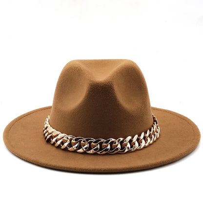 women fedoras golden chain fedora hat women men wide brim solid color jazz top hat autumn winter new Panama hat gentleman hat