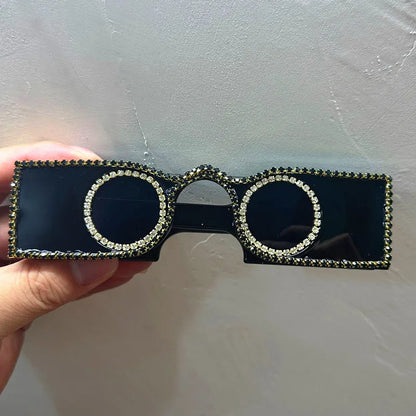 Unique Hand Diamond Square Women Sunglasses Luxury Rhinestone Small Round Lens Shades Female New Wide Legs Sun Glasses Men UV400