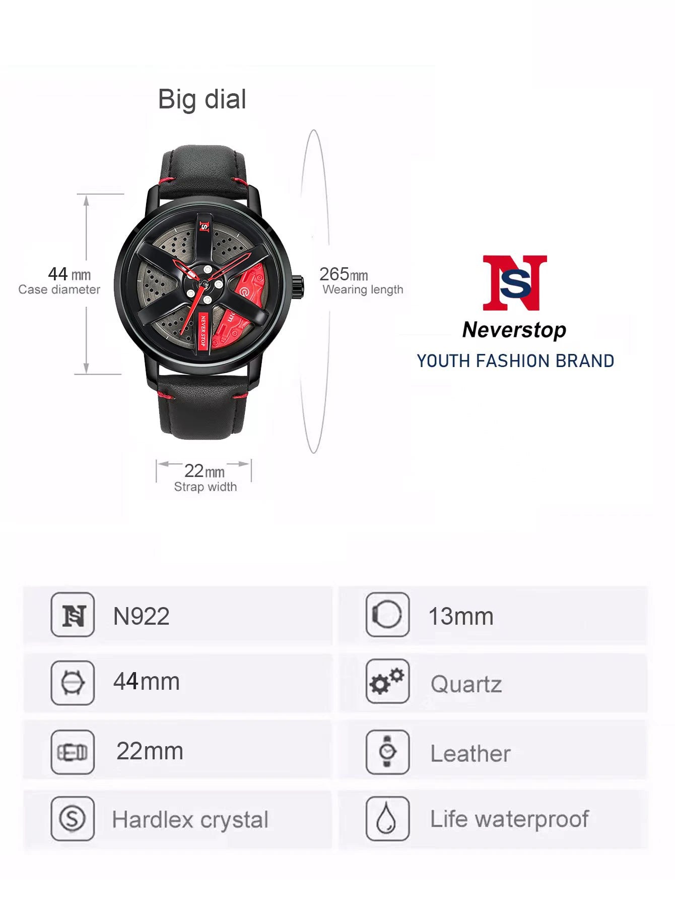 NS Men's Car wheel hub watch Minimalist Fashion Sports Watch Calendar Leather casual Quartz watch