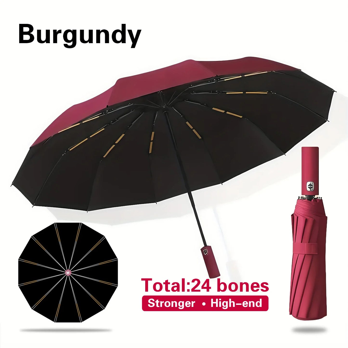Automatic Folding Umbrella Double-Sided 24 Rib Windproof - Heavy Duty Compact Travel Umbrella for Men & Women, All-Weather Use