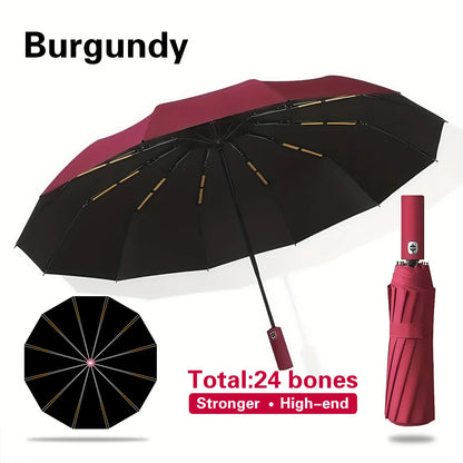 Automatic Folding Umbrella Double-Sided 24 Rib Windproof - Heavy Duty Compact Travel Umbrella for Men & Women, All-Weather Use