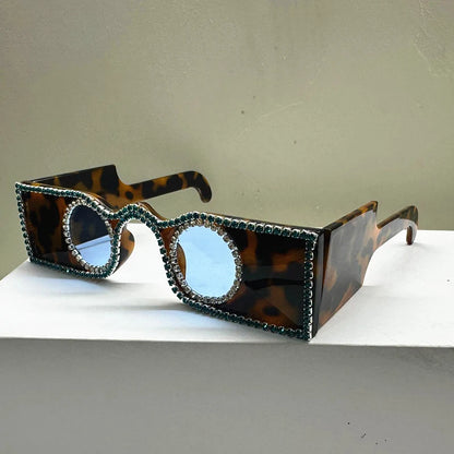 Unique Hand Diamond Square Women Sunglasses Luxury Rhinestone Small Round Lens Shades Female New Wide Legs Sun Glasses Men UV400