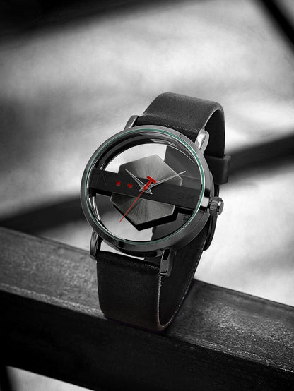 TOMI Fashionable and Minimalist Men's Leather Watch Strap Personalized Hollow Perspective Glass Bottom Cover Quartz Watch