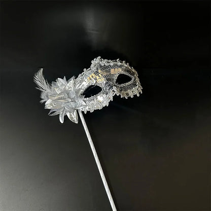 Venetian Princess Handheld Sequin Mask Women Side Flower Feather Face Cover with Holding Stick Mardi Gras Party Masquerade Mask