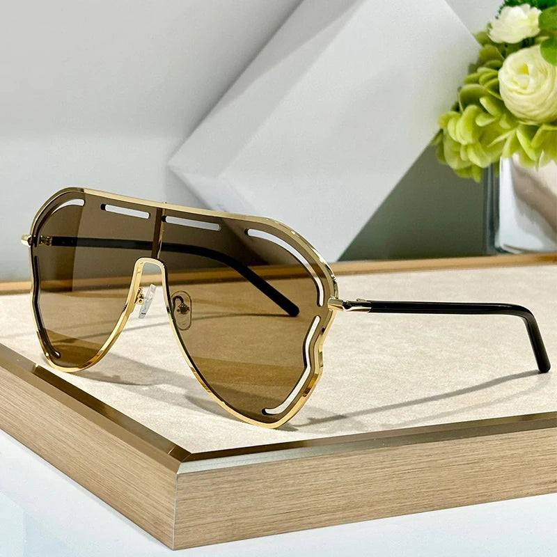 Oversized One-Piece Pilot Punk Sunglasses Women Big Frame 2025 Luxury Brand Hollow Sun Glasses For Ladies Shield Eyewear Shades