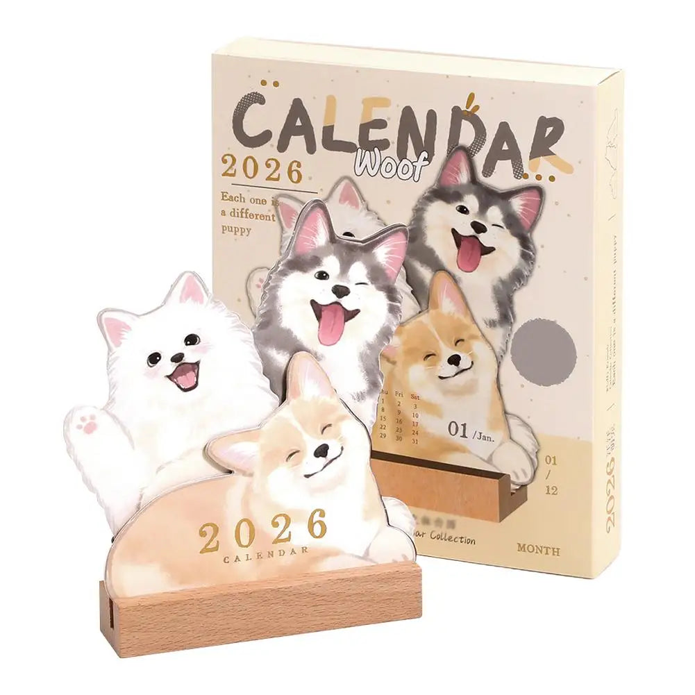 Wooden Base 2026 3D Cat Dog Series Desk Calendar,Multifunctional Desktop Planner Calendar Yearly Agenda Organizer for Home Offic