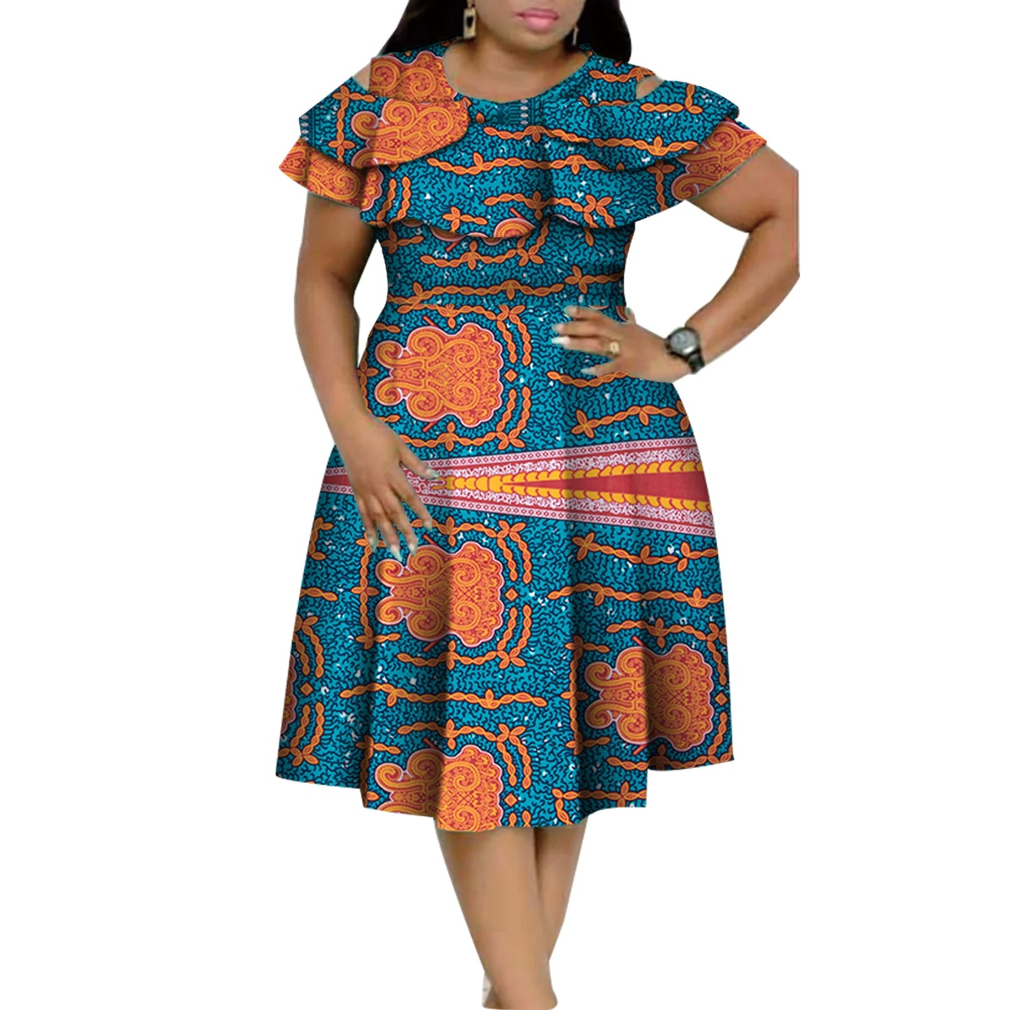 New Bazin Riche African Ruffles Collar Dresses for Women Dashiki Print Pearls Dresses Vestidos Women African Clothing WY4401